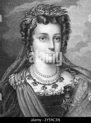 Maria II of Portugal (1819-1853) on engraving from 1859. Queen regnant of Portugal during 1826-1828 and 1834- 1853. Engraved by unknown artist and pub Stock Photo