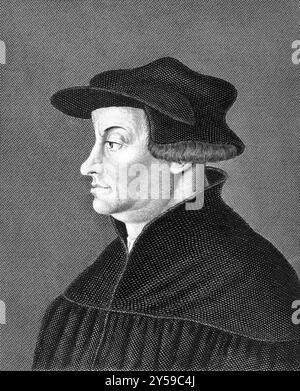 Huldrych Zwingli (1484-1531) on engraving from 1859. Leader of the Reformation in Switzerland. Engraved by unknown artist and published in Meyers Konv Stock Photo