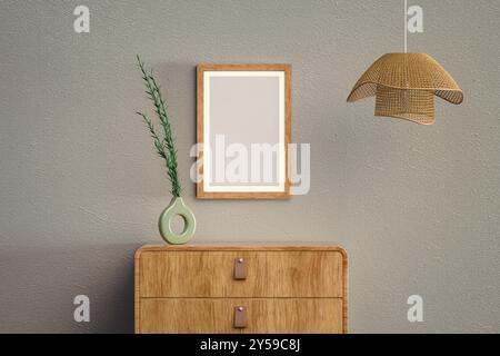Wooden sideboard with empty picture frame and hanging wall lamp, mock up, 3D illustration Stock Photo
