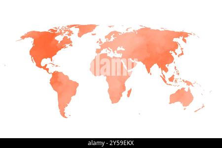 A colorful world map showcases a watercolor texture in warm orange tones, providing a creative representation of global geography with a soft, artistic touch. Stock Vector
