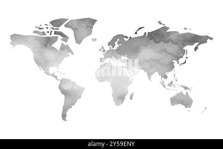 A detailed vector representation of the world map, designed with a watercolor texture in subtle grey shades. It offers a modern and artistic look suitable for various applications. Stock Vector