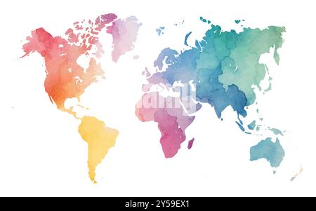 A vibrant watercolor world map showcases various colors blending beautifully. Each continent features a unique hue, enhancing its artistic appeal while highlighting global geography. Stock Vector