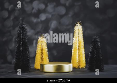 Podium pedestal product mockup display with miniature Christmas trees in black and gold, 3d illustration Stock Photo