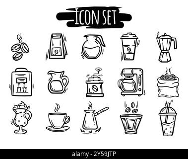 Simple black and white set of icons associated with various types of coffee, accessories for preparing latte, cappuccino Stock Vector