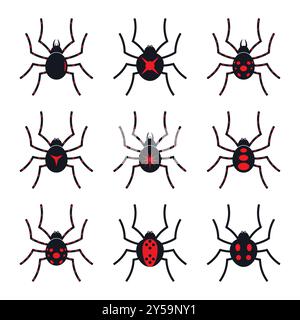 Spider, vector illustration, spider icon set in red and black color with attractive graphic art symbol. Stock Vector