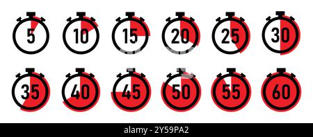 Stopwatch, timer, countdown clock set icon with five minute gapping. vector illustration. Stock Vector
