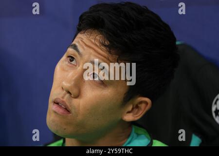 Milan, Italy. 17th Sep, 2024. Wataru Endo of Liverpool FC on the bench prior to kick off in the UEFA Champions League match at Giuseppe Meazza, Milan. Picture credit should read: Jonathan Moscrop/Sportimage Credit: Sportimage Ltd/Alamy Live News Stock Photo