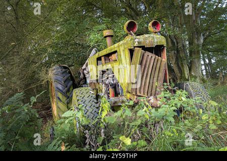 A rusty old disused tractor in woodland Stock Photo