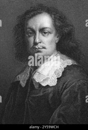 Bartolome Esteban Murillo (1617-1682) on engraving from 1864. Spanish painter, one of the most important Baroque figures. Engraved by Calamatta after Stock Photo