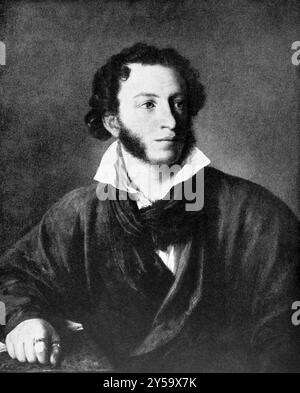 Alexander Pushkin (1799-1837) on antique print from 1899. One of the greatest Russian poets. After W.Tropinin and published in the 19th century in por Stock Photo