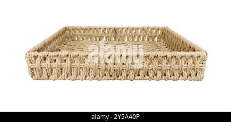 Empty wicker basket tray square form, kitchen tableware, decorative element, isolated on white background Stock Photo