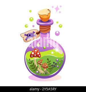 Halloween vector illustration of a magical potion bottle with mushrooms, vibrant green liquid, and skull tag Stock Vector