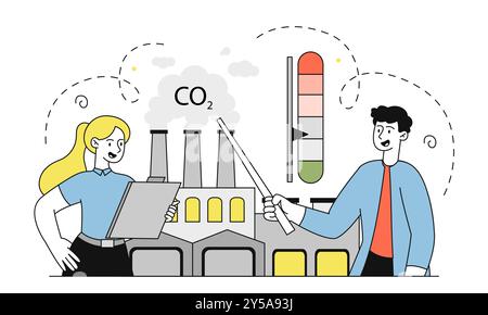 Air pollution index. Man with pointer and woman near plant assess level of air pollution. Caring for ecology and environment, reducing CO2 emissions Stock Vector