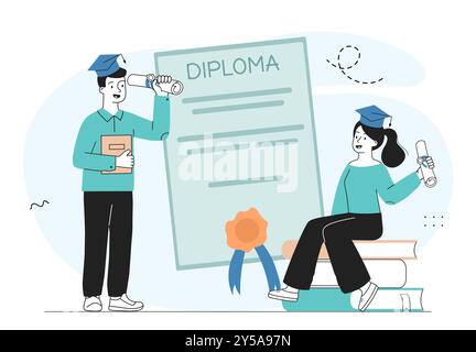 People with diploma. Man and woman in graduation caps with diploma. Education and training, learning. Academic certificate for students. Linear vector Stock Vector