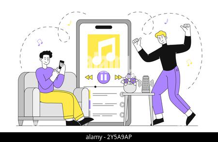 Guys listening to music. Men near huge smartphone with audio player. Favorite songs and playlists. Entertainment and leisure indoors. Linear vector Stock Vector