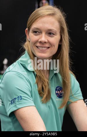 Houston, United States. 29 April, 2024. NASA astronaut and SpaceX Crew-10 Pilot Nichole Ayers listens to a presentation during pre-flight mission training at the Space Vehicle Mockup Facility of Johnson Space Center, April 29, 2024, in Houston, Texas. Credit: Bill Stafford/NASA Photo/Alamy Live News Stock Photo