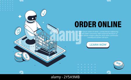 Order online isometric poster. Chatbot with shopping cart with bags. Electronic commerce and shopping, home delivery. Landing webpage design. Linear Stock Vector