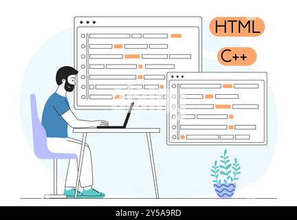 Programmer with computer languages. Young guy on laptop writes code for application and program. IT specialist at work. Front end and back end Stock Vector