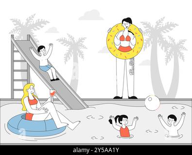 Resort with pool. Woman in swimsuit with rubber lifebuoy look at kids in swimming pool. Holiday and vacation. Travel and tourism. Linear vector Stock Vector