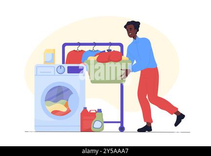 Man doing laundry in washing machine, vector illustration. Housework ...