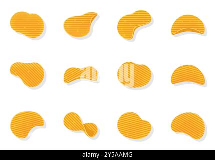 Set of vector illustrations of crispy potato chips wavy. 12 slices. Isolated snacks. Junk food or quick party snacks Isolated on a white cartoon Stock Vector