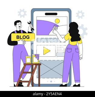 Creators with new post. Man and woman near huge smartphone. SMM specialists publish content on social networks and messengers. Influencers blog Stock Vector