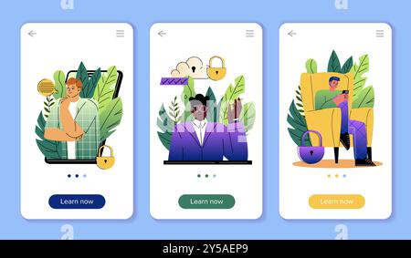 Cyber safety posters set. Men with locks near smartphones. Protecting personal data on Internet. Security and protection, control. Flat vector Stock Vector