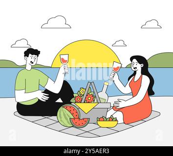 Romantic date on beach. Man and woman with wine sitting near basket with fruits. Love and romance. Couple spending time together outdoors. Linear Stock Vector