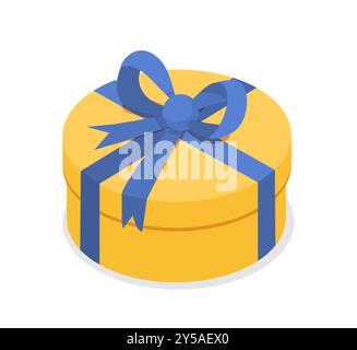 Isometric gift box. Yellow closed giftbox with blue bow. Holiday and festival. Package for present or surprise. Christmas and New Year. 3D vector Stock Vector
