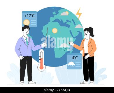 People with weather forecast. Woman and man with pointer near planet. Weather forecast and meteorological show presenters on TV. Meteorologists in Stock Vector