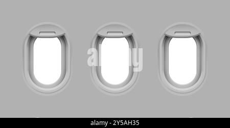 Airplane windows, view from inside cabin with grey sidewall Stock Photo