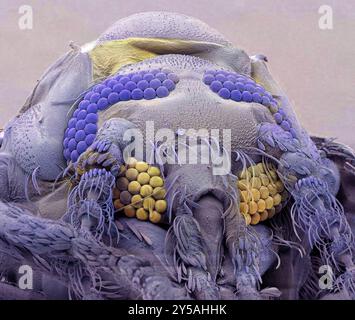 Moth fly. Coloured scanning electron micrograph (SEM) of a moth fly or owl midge (Psychoda sp.). The two large compound eyes (red) dominate the head. The hairy antenna project from between the eyes. The mouth parts, the mandibles (brown, hairy) and proboscis (dark brown), extend downwards from the centre of the head. Moth flies are tiny (5 millimetres long) flies that have hairy wings and bodies. The adults are often found in bathrooms. Eggs are laid in drains and sewage plants.Magnification: x100 when printed 10cm wide. Stock Photo