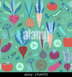 Seamless pattern with colorful doodle vegetables. Cute modern trendy vector illustration. Stock Vector