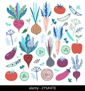 Big set of colorful doodle vegetables isolated on white background. Cute modern trendy vector illustration. Stock Vector