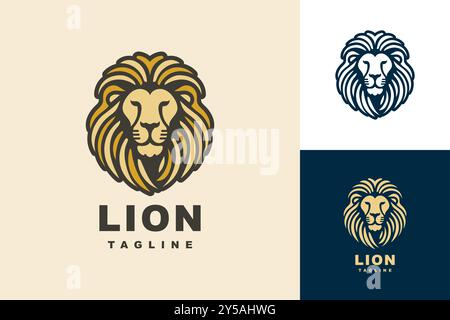 The lion head logo design is minimalist in style with a yellow and black color scheme Stock Vector
