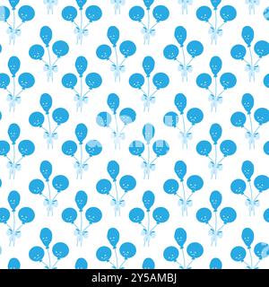 Deflated and circle balloons on rope tied with ribbon Seamless pattern in trendy monochrome blue. isolated Vector illustration Wallpaper, wrapping or web, cards, poster, banner, label background idea Stock Vector