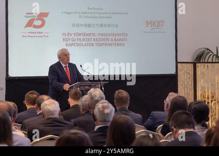 (240921) -- BUDAPEST, Sept. 21, 2024 (Xinhua) -- Janos Latorcai, deputy speaker of the Hungarian Parliament, speaks during a conference marking the 75th anniversary of the establishment of diplomatic relations between China and Hungary in Budapest, Hungary on Sept. 20, 2024. The event, organized by the Chinese Embassy in Hungary and the Hungarian-Chinese Friendship Association, featured high-level speakers, including Hungarian and Chinese officials. There were also panel discussions focusing on the history of bilateral cooperation, and prospects for the future. (Photo by Attila Volgyi/Xinhua Stock Photo