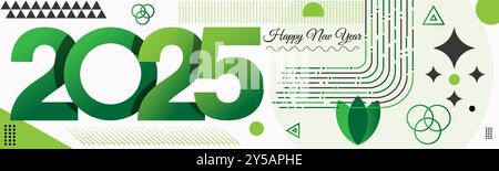 Stylish 2025 New Year greeting with modern geometric design elements. Ideal for festive decorations, cards, and digital greetings. Happy New Year 2025 Stock Vector