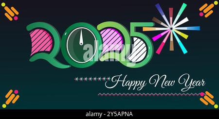 Vibrant and festive 2025 New Year card with colorful design elements and a bold clock theme, capturing celebratory spirit.2025 Happy New Year Greeting Stock Vector