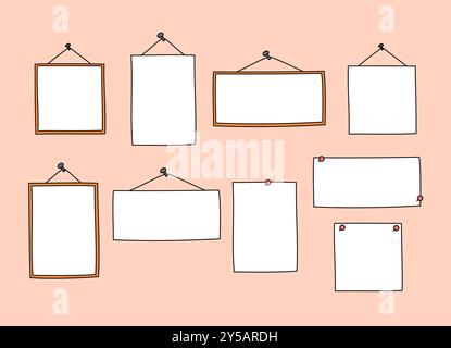 Frames, pinned notes vector set. Blank paper sheets hanging on ropes and nails. Placeholders isolated design elements in cute hand drawn doodle style Stock Vector