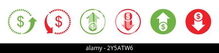 Dollar price up and down icon line style. Dollar coin graph up and down. Money cost arrow growth, decline. Currency investment. Up and down dollar. Stock Vector