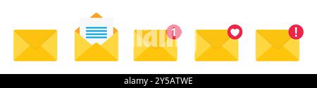 Incoming message icon set. Notification, message or email vector icon set isolated on white background. Envelope message icon collection. Stock Vector