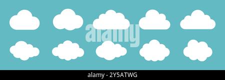 Vector illustration of the clouds set on blue background. Clouds collection. White cloudy set isolated on blue background. White clouds of different s Stock Vector