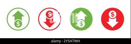 Dollar price up and down vector sign icon in flat or line style. Dollar coin graph up and down. Money cost arrow growth, decline. Currency investment. Stock Vector