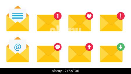 Notification, message or email vector icon set isolated on white background. Envelope message icon collection. Incoming message notification vector. Stock Vector