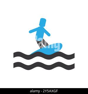 : Simple Blue Icon of Person Surfing on Waves. Stock Vector