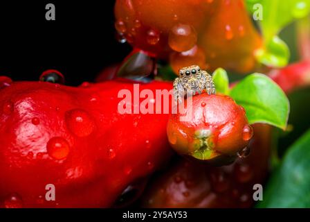 Brown jumping spider with big eyes is standing on a bright Pomegranate flowers covered in water droplets. Stock Photo