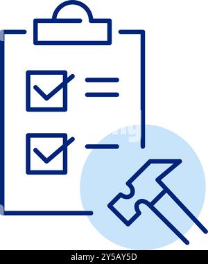 Checklist on clipboard and hammer. Project completion, engineering and construction. Pixel perfect, editable stroke vector icon Stock Vector