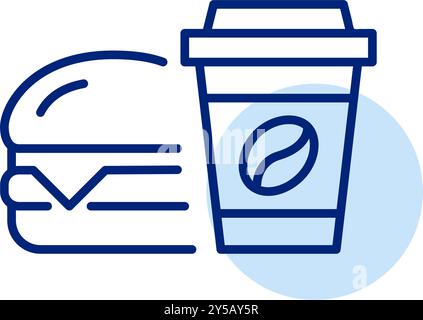 Cheeseburger and coffee in takeaway cup. Quick fast food delivery. Bite on the go. Pixel perfect, editable stroke vector icon Stock Vector