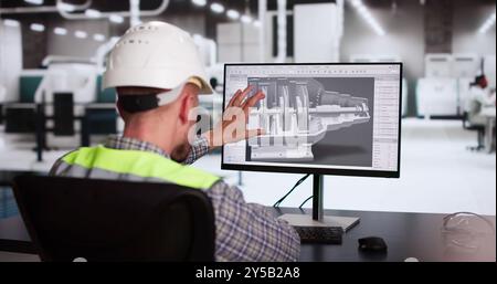Engineer Doing 3D CAD Model Design On Computer At Factory Stock Photo